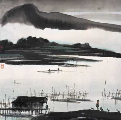 杨明义 丁卯（1987年）作 江南雨後 镜心